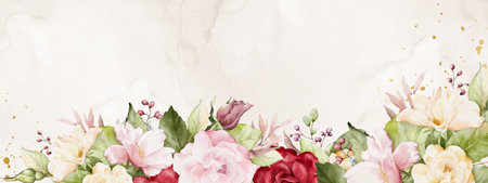 Abstract background design with colorful rose flowers bouquet on beige stains. Suitable for Valentine's Day decorations, banners, headers, wedding, card, or web.の写真素材