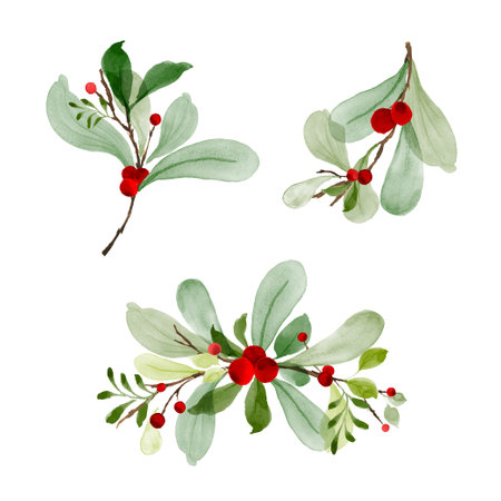 Christmas watercolor of bouquet berries and green leaves arrangings set. Hand-painted watercolor elements suitable for decorative Christmas festival, New year invitations, or greeting cards.の写真素材