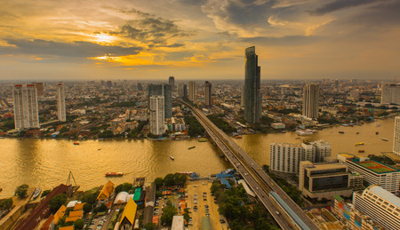 Dramatic scenery of the city center at sunset, Bangkok Thailand