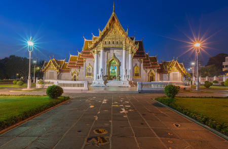Wat Benjamaborphit or Marble Temple at twilight in Bangkok, Thailandの写真素材