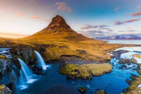 Sunset at Kirkjufell mountain, Icelandの写真素材