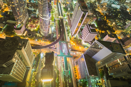 City downtown at night, Bird eyes view of Bangkok main traffic interchange, Long exposureの写真素材