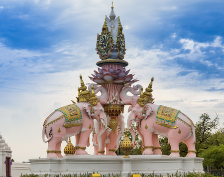 Pink three Erawan statues in front of Wat Phra Kaew  built for the occasion of celebrating the 84th of His Majesty the King birthday BangkokThailandの写真素材
