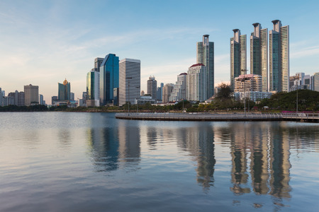 Water pool in Bangkok city with office building view and reflectionの写真素材