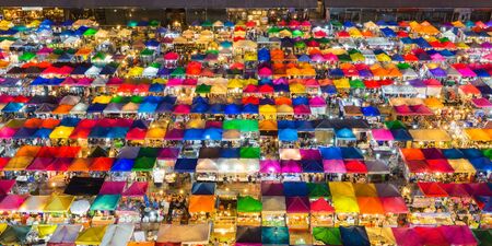 Beauty of Free market aerial view multiple colour umbrellaの写真素材