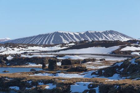 Hverfjall mount and lake volcano north of Iceland during winterの写真素材