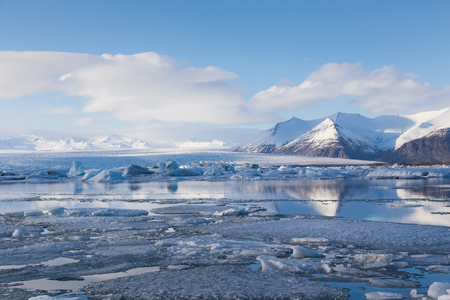 Jokulsarlon ice melting lake during late winterの写真素材