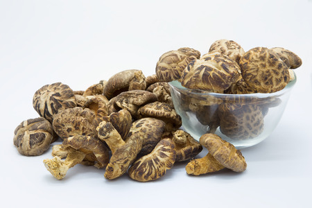 Dried field mushrooms in a glass bowl  on whiteの写真素材