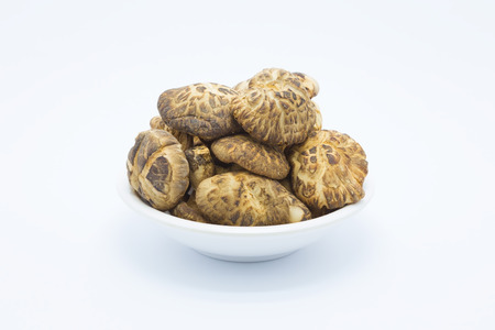 Dried Shiitake mushrooms on white backgroundの写真素材