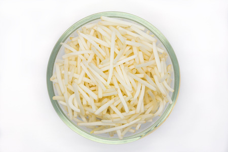 Bean Sprouts on glass bowl, white background, top view