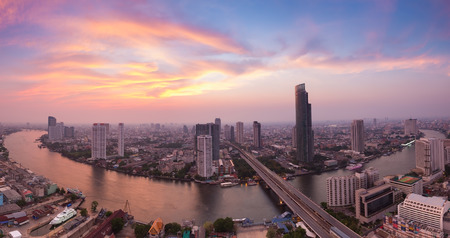 Beautiful sky, Panorama Landscape of River curved in Bangkok city, Thailandの写真素材