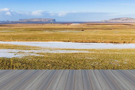 Opening wooden floor,Beauty of glass field during winter with clear blue sky, Icelandの写真素材
