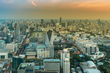 Top view Bangkok central business area with sunset sky background, Thailandの写真素材