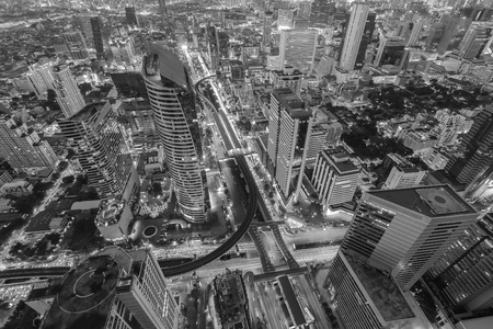 Black and White, Arial view city downtown with train station interchanged, night lights viewの写真素材