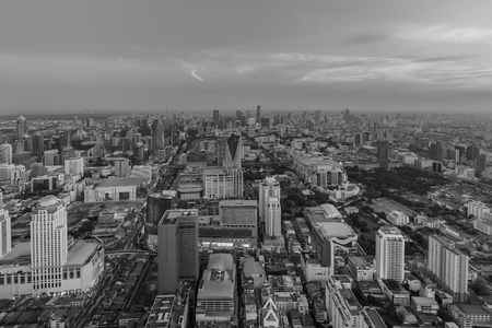 Black and White, Aerial view, cityscape downtown skyline before sunsetの写真素材
