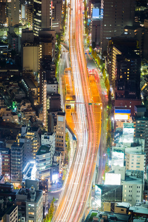 Aerial view long exposure Tokyo city road, Japanの写真素材