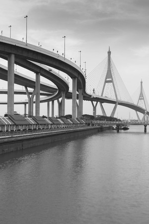 Black and White, Suspension bridge river front, Bangkok Thailand landmarkの写真素材