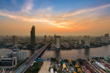 Aerial view Bangkok river curved with beautiful sky background, Thailandの写真素材