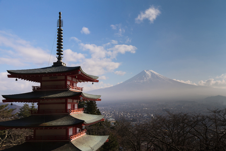 Fuji Mountain behind red pagoda, Japan natural landscapeのeditorial素材