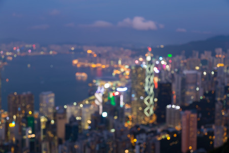 Aerial view Hong Kong city business downtown blurred bokeh lights abstract backgroundの写真素材
