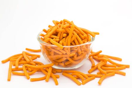 Bread cracker on glass bowl, on white backgroundの写真素材