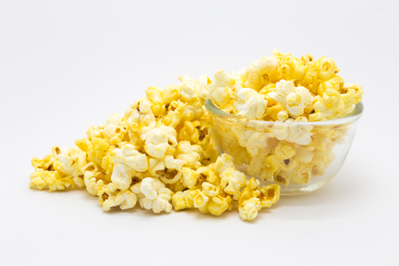 Sweet caramel pop corn on white background, Isolated food backgroundの写真素材