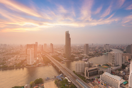 City of Bangkok aerial view with river curved, cityscape downtown Thailand