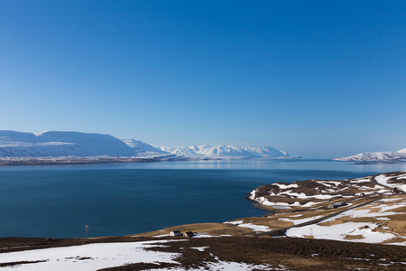Natural winter season landscape with clear blue sky background, Icelandの写真素材