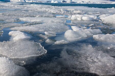 Ice on water lake late winter season, Iceland natural landscape background