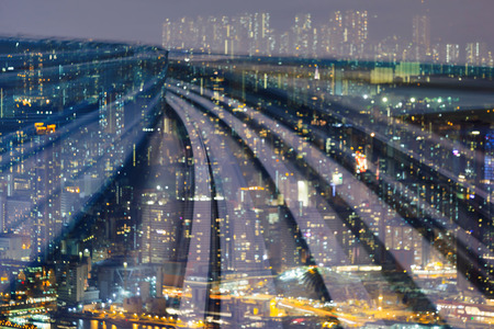 Night blurred bokeh light and moving blurred motion train cureved, abstract background