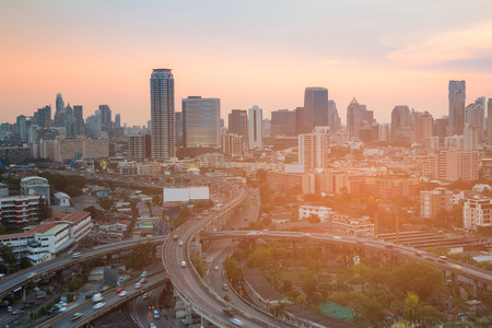 City downtown office building and highway interchanged before sunset, Bangkok Thailand
