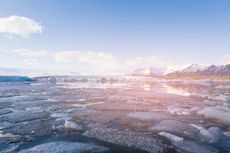 Beautiful Jokulsarlon glacier freezing ice lake, winter season natural landscape background