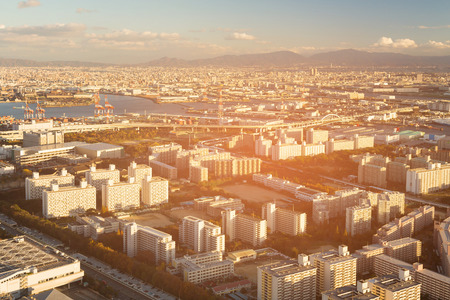 Osaka central business downtown, Japan cityscape backgroundの写真素材