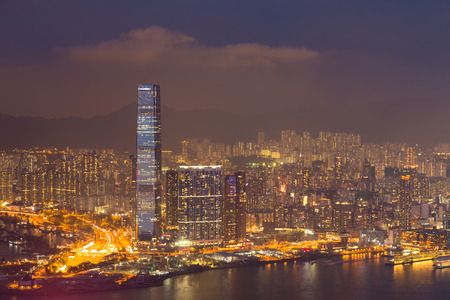 Hong Kong office building business downtown night view, cityscape background