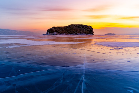 Baikal water lake Baikal Russia with sunset skyline background winter season natural landscapeの写真素材