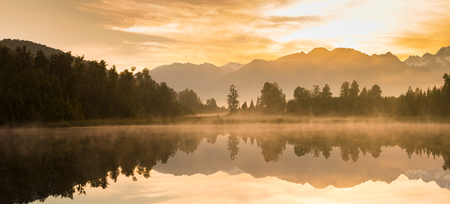 New Zealand reflection Matheson lake morning seen, natural landscape backgroundの写真素材