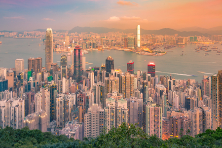 Hong Kong Victoria bay aerial view, cityscape downtown backgroundの写真素材