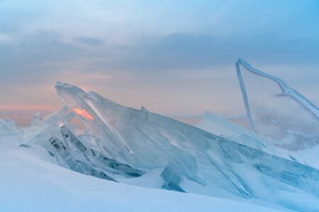Breaking ice on Baikal water lake, winter season natural landscape background Russiaの写真素材