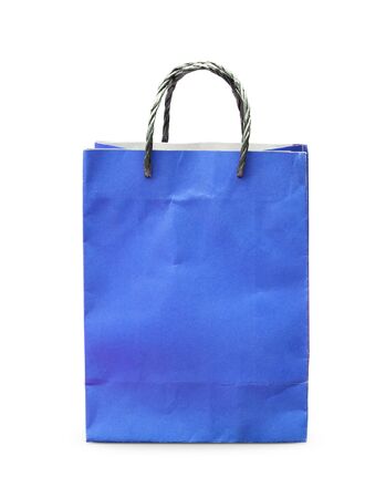 Blank blue paper bag isolated on white backgroundの写真素材