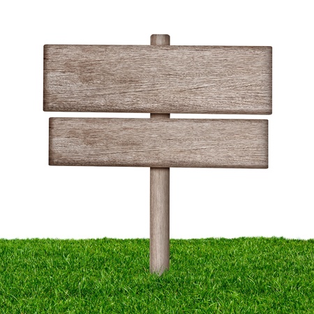 Wooden sign with green grass isolated on a white backgroundの写真素材