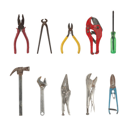 Old used tools collection isolated on white background
