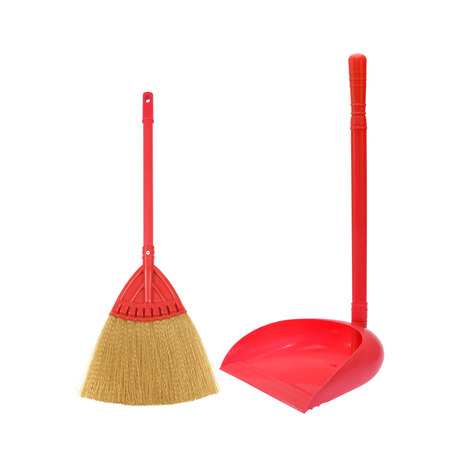 dustpan and broom for cleaning isolated on whiteの写真素材