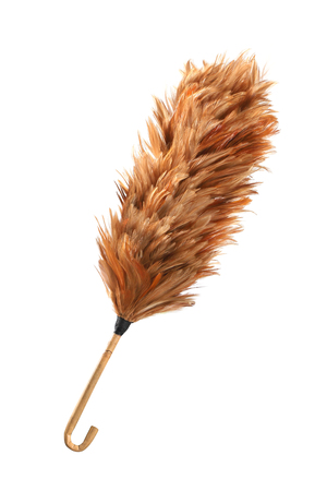 Soft duster with plastic handle on white backgroundの写真素材