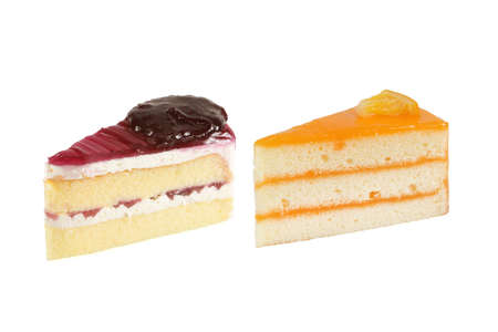 Slice of delicious jelly fruit cake isolated on white