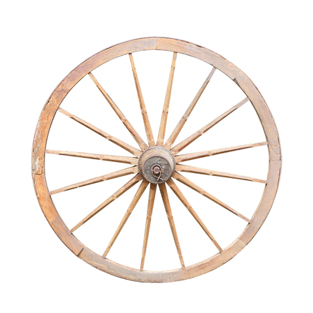 Old wooden cartwheel isolated on whiteの写真素材