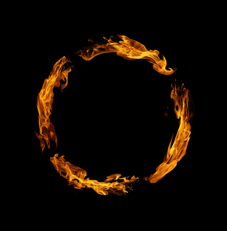 Circle of fire flame on black backgroundの写真素材