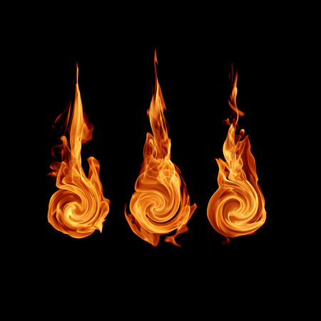 Fire flames collection isolated on black backgroundの写真素材