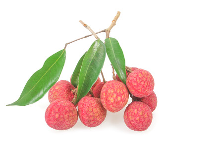 lychees with leaves isolated on white backgroundの写真素材
