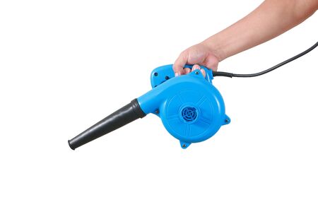 Hand of man holding blower machine isolate on white backgroundの写真素材