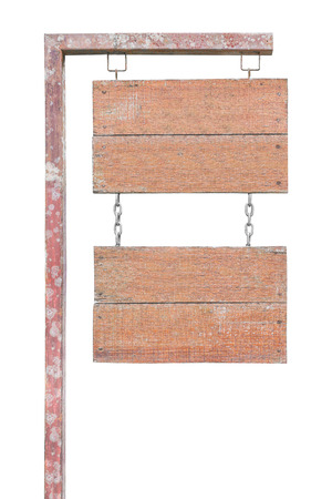Wooden sign hanging on steel pole isolated on white with clipping pathの写真素材